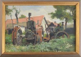 Edvi Illés Aladár (1870-1958): Őreg traktorok, 1954. Olaj, karton, jelezve jobbra lent, hátoldalán a...
