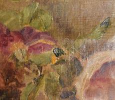 D. B. I. jelzéssel (Dolányi Benczúr Ida?): Rózsák. Olaj, vászon, dekoratív fakeretben, 16,5×50,5 cm