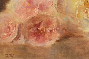 D. B. I. jelzéssel (Dolányi Benczúr Ida?): Rózsák. Olaj, vászon, dekoratív fakeretben, 16,5×50,5 cm