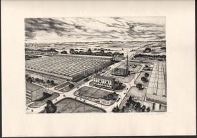 Gebhardt Béla (1901-1990): Alföldi Porcellángyár. Rézkarc, papír, jelzett, hártyapapíron feliratozot...
