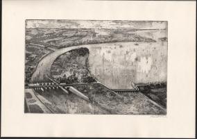Salétros János (1935-): Tiszai vízlépcső. Rézkarc, papír, jelzett, hártyapapíron feliratozott, Az 19...