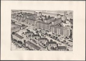 Gebhardt Béla (1901-1990): Kazincbarcikai lakótelep. Rézkarc, papír, jelzett, hártyapapíron felirato...