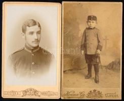 cca 1875-1910 Hadapród (kadét) és katonaruhás kisfiú portréi, 2 db vizitkártya, Letzter Simon kassai...