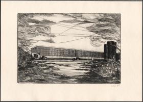 Varga László (1930-): Győri Házépítő Kombinát. Rézkarc, papír, jelzett, hártyapapíron feliratozott, ...
