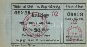 1940-41. 4db klf "Miskolczi Orth. Izr. Hitközség" értékjegy és vágatási bárca T:I