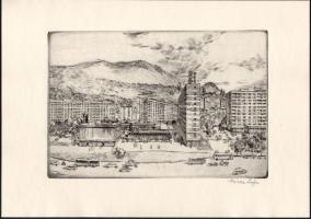 Vincze Lajos (1914-2002): Budapest, Árpád-híd budai hídfő lakótelep. Rézkarc, papír, jelzett, hártya...