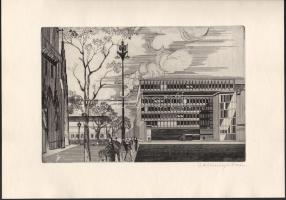 Callmeyer Ferenc (1928-2020): Országos Műszaki Fejlesztési Bizottság székháza. Rézkarc, papír, jelze...
