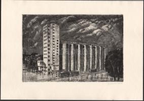 Imre István (1918-1983): Gabonasiló, Nyíregyháza. Rézkarc, papír, jelzett, hártyapapíron feliratozot...