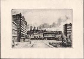 Varga Nándor Lajos (1895-1978): Salgótarján, új városközpont. Rézkarc, papír, jelzett, hártyapapíron...