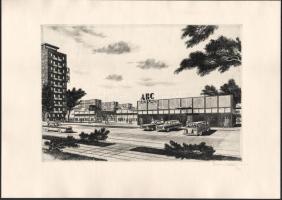 Gebhardt Béla (1901-1990): Szupermarket. Rézkarc, papír, jelzett, hártyapapíron feliratozott, Az 196...