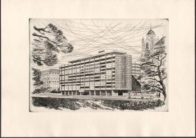 Jelzés nélkül: Országos Tervhivatal Székháza, Budapest. Rézkarc, papír, jelzett, hártyapapíron felir...