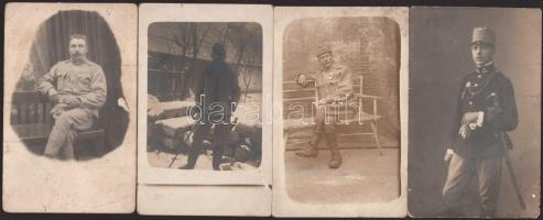 cca 1914-1918 Katonaportrék, közte tüzér ügyességi jelvénnyel, 4 db fotólap, változó állapotban, 14x...
