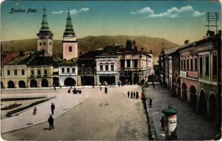 Zsolna, Sillein, Zilina; Fő tér, Melczer Antal, Spanyol Gábor üzlete, vasudvar. Schwarcz Vilmos kiad...