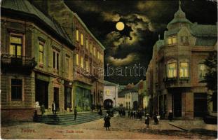 Zsolna, Sillein, Zilina; Deák utca este holdfényben, bank / street at night in moonlight (EK)