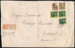 1946 Ajánlott levél 5 db bélyeggel és ragjegyprovizóriummal, "BÉKÉS" - "BUDAPEST&quot...