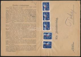 1946 Kézbesítési bizonyítvány 5 db Hl. I. bélyeggel, Nyíregyházáról Tokajba