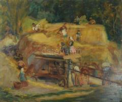Ducsay Béla jelzéssel: Cséplés. Olaj, fa. Szélein kissé sérült. 50x59 cm