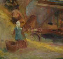 Ducsay Béla jelzéssel: Cséplés. Olaj, fa. Szélein kissé sérült. 50x59 cm