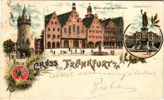1904 Frankfurt, Eschenheimer Thurm, Römer u. Gerechtigkeits Brunnen, Schützenbrunnen / tower, founta...