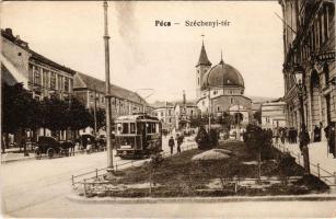 Pécs, Széchenyi tér, villamos, drogéria. Vasúti levelezőlapárusítás 1913. (EK)
