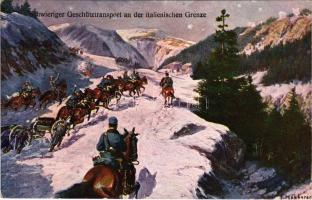 Schwieriger Geschütztransport an der italienischen Grenze / WWI K.u.K. military art postcard s: F. H...