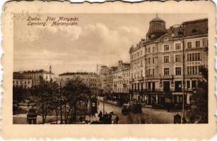 1915 Lviv, Lwów, Lemberg; Plac Maryacki / Marienplatz / square, tram, shops