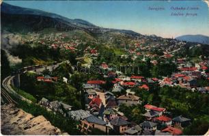 Sarajevo, Ostbahn-Linien / Istocna pruga / railway line with locomotive, train (EK)