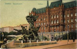 Szczecin, Stettin; Manzelbrunnen, Rathaus / fountain, town hall (EK)
