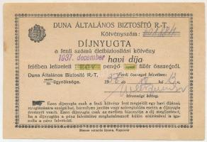 1937. Kaposvár "Duna Általános Biztosító Rt." díjnyugta 1P-ről, "601884" kötvény...