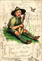 1933 Magyar cserkész művészlap, cserkész mandolinnal vagy gitárral, sok aláírással. Magyar Cserkészs...