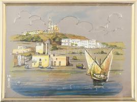 Mgarr Harbour Gozo Malta ezüst (Ag) lemez kép, jelzett, üvegezett keretben, 9x12 cm, 23x25 cm