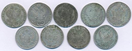 1787-1832. 20kr Ag (9db, 8xklf évszám vagy verdejel), benne: 1787B, 1806A, 1809A, 1811A, 1817A, 1818...