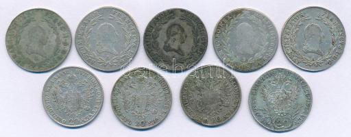1787-1832. 20kr Ag (9db, 8xklf évszám vagy verdejel), benne: 1787B, 1806A, 1809A, 1811A, 1817A, 1818...