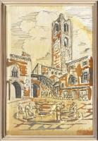 Bergamo - Piazza Vevcchia ezüst (Ag) lemez kép, jelzett, üvegezett keretben, 12x8,5 cm, 36x32 cm