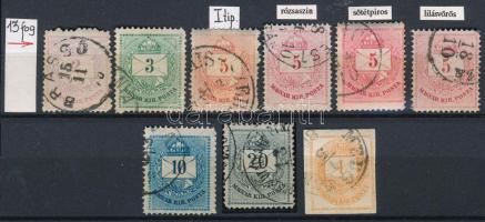 1874 Színesszámú sorozat 13-as fogazással, szín és típus változatokkal, Hírlapbélyeggel, a 3kr alul-...