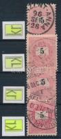 1889 4 db Feketeszámú 5kr elektro B 11 1/2 fogazással, 4 féle vízjel állással, ritka kínálat (48.000...
