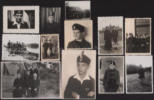 cca 1935-1945 Iskolai egyenruhás gyerekeket ábrázoló fotók, 12 db, 4x5,5 cm és 8,5x13,5 cm közötti m...