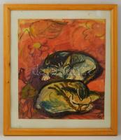 Gombosné B. Éva (1957- ): Macskák, akvarell, papír, jelzett, üvegezett fakeretben, 48,5×43 cm