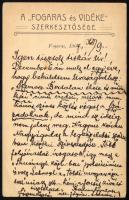 1907 Fogaras, ifj. Halmy Gyula (1869-1924) újságíró, költő saját kezű levele Nagy Gyula, a Századok ...