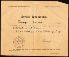 1919 Kiskőrös, Magyarországi Tanácsköztársaság sorozó igazolványa Faraga József részére (alkalmatlan...