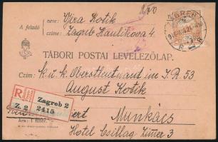 1916 Ajánlott tábori posta levelezőlap Turul 30f bérmentesítéssel "ZAGREB" - Munkács, piro...