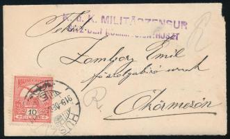 1915 Kis méretű levél Turul 10f bérmentesítéssel "HUSZT" - "ÖKÖRMEZŐ" (Kárpátalj...