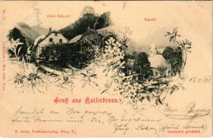 1898 Kaiserbrunn, Hotel Schnepf, Kapelle / hotel, chapel. Lichtdruck v. Max Jaffé Art Nouveau, flora...