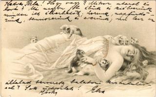 Hölgy macskákkal / lady with cats. litho (apró szakadás / tiny tear)