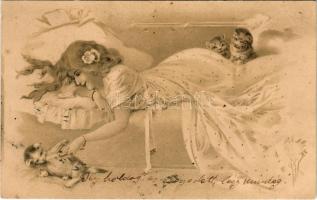 1904 Hölgy macskákkal / lady with cats. litho (lyuk / pinhole)