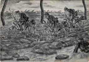 1941 Határvadász élet. Kerékpárosok. Kerekes Lajos határvadász rajza 20. po. szd. / WWII Hungarian m...