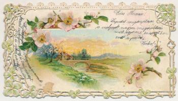 1907 Áttört szecessziós művészlap, tájkép / inwrought Art Nouveau landscape postcard. litho, floral ...