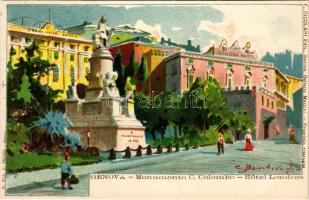 Genova, Genoa; Monumento C. Colombo, Hotel Londres / monument, London Hotel. F. Cicolari Edit. litho...