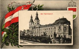 Eger, Főgimnázium. Szecessziós keret osztrák-magyar zászlóval és címerrel. Baross nyomda kiadása