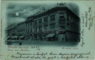 1899 Kassa, Kosice; Fő utca, este holdfényben, The Gresham biztosító, Strausz D. utódja, Jelinek, Br...